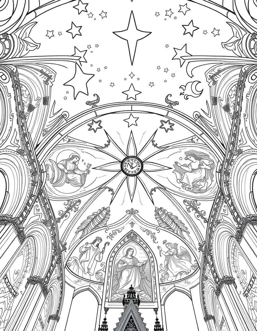 (Poland) The painted ceiling of St. (Poland) Mary's Church showing stars and religious scenes