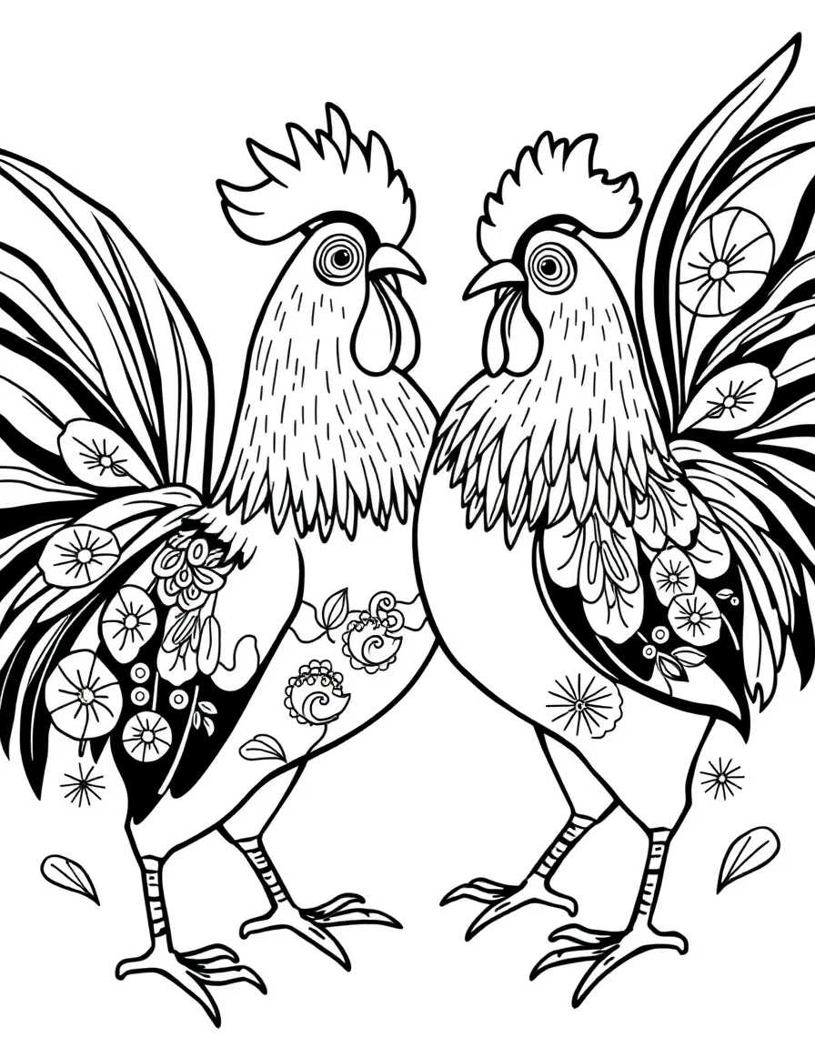 (Poland) Polish folk art roosters with decorative feather patterns