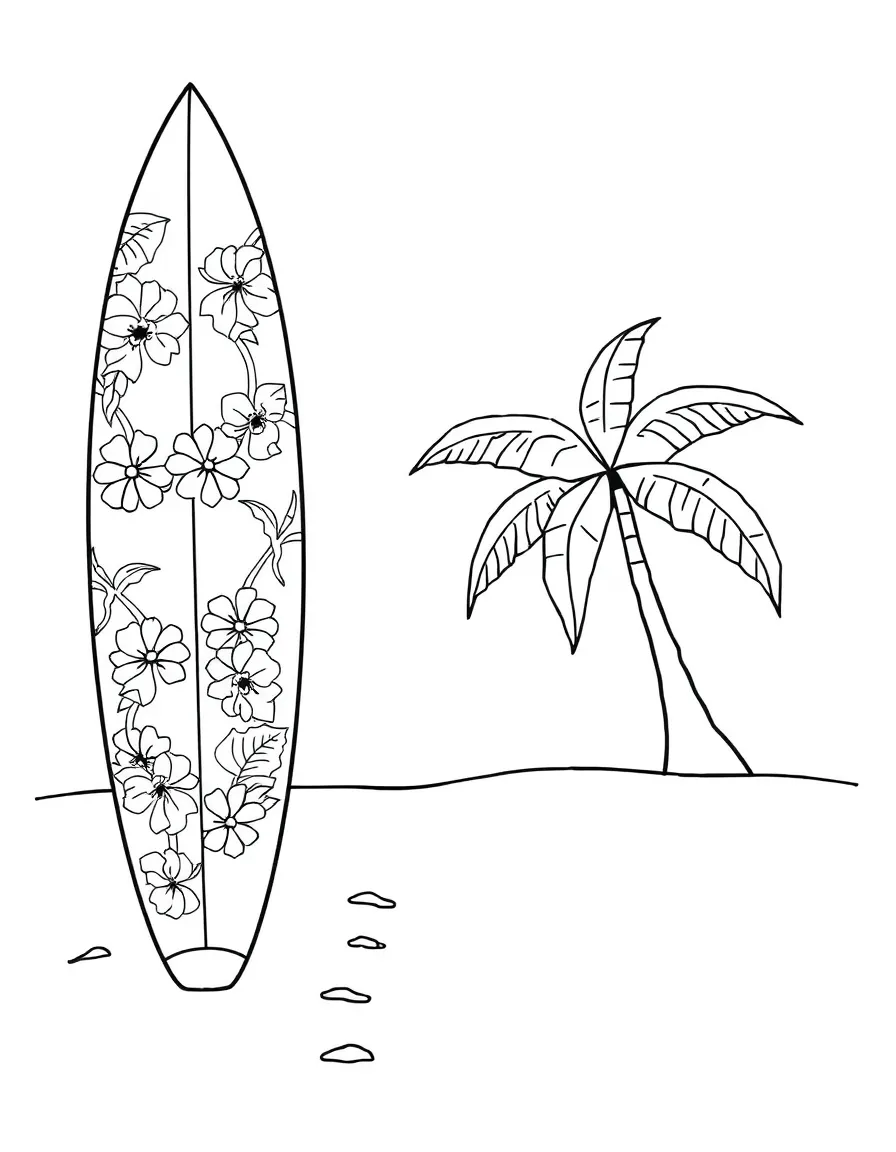 (Hawaii) A surfboard on the sand.
