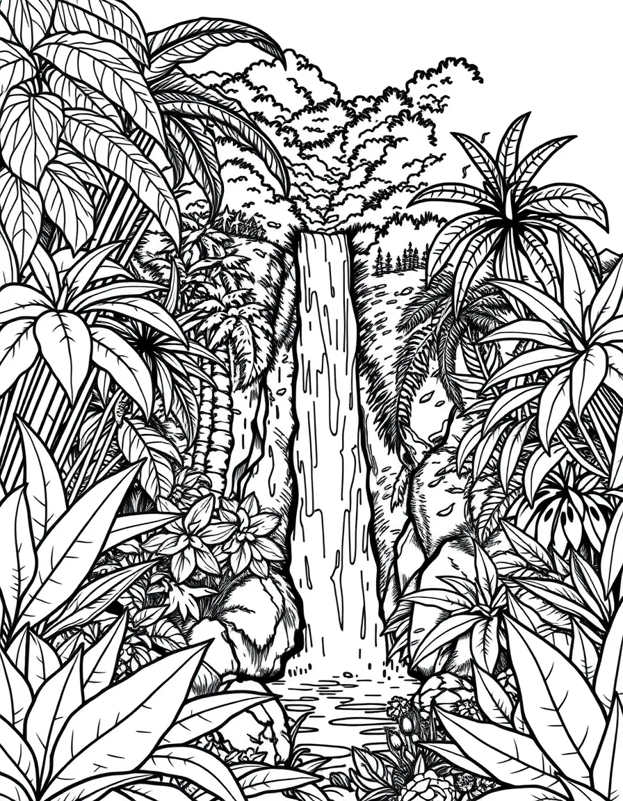 (Hawaii) A waterfall in a jungle.