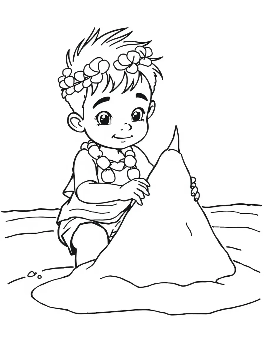 (Hawaii) A boy building a sandcastle.