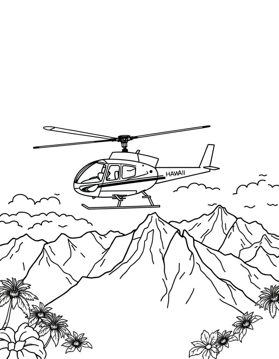 (Hawaii) A helicopter flying over mountains.