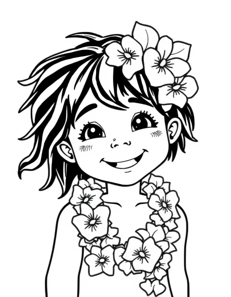 (Hawaii) A happy child wearing a lei.