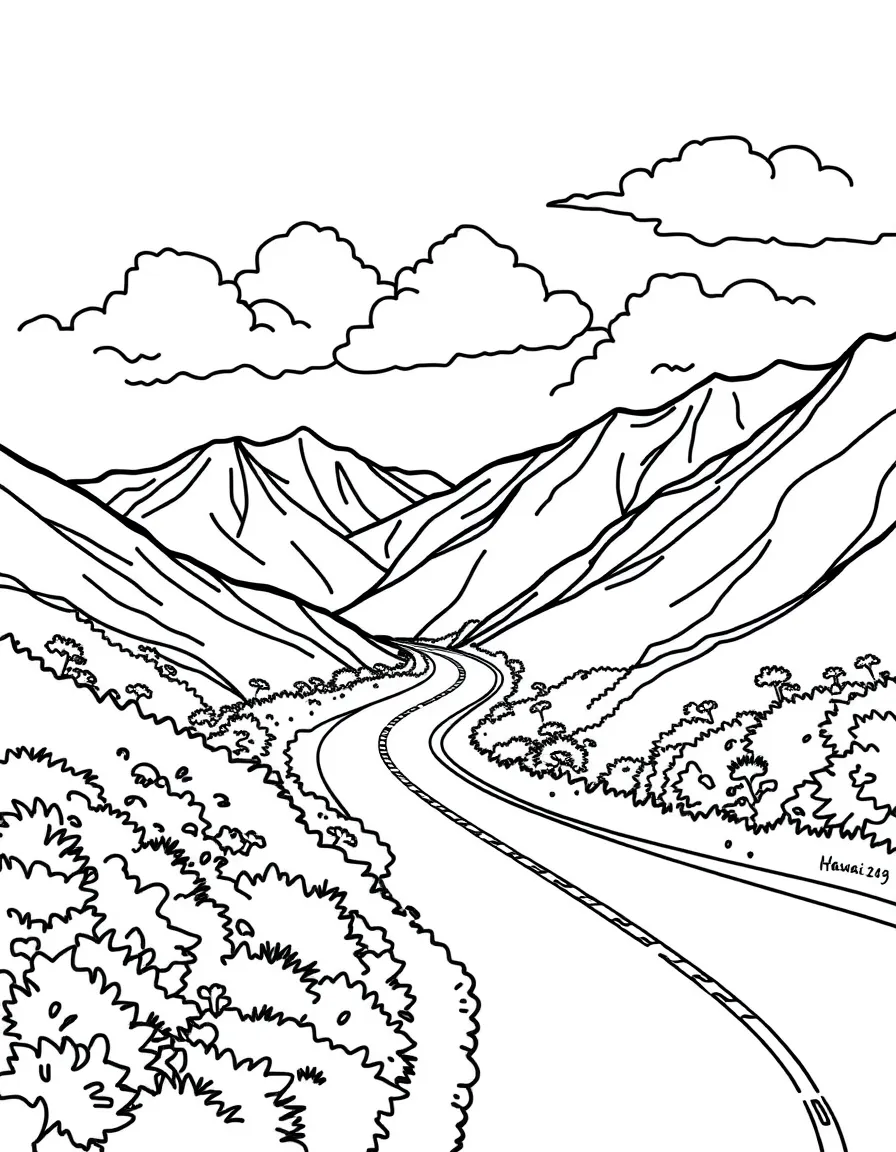 (Hawaii) A road winding through green hills.