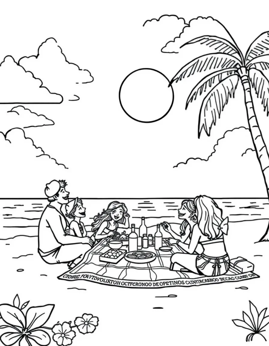 (Hawaii) A happy family having a picnic on the beach.