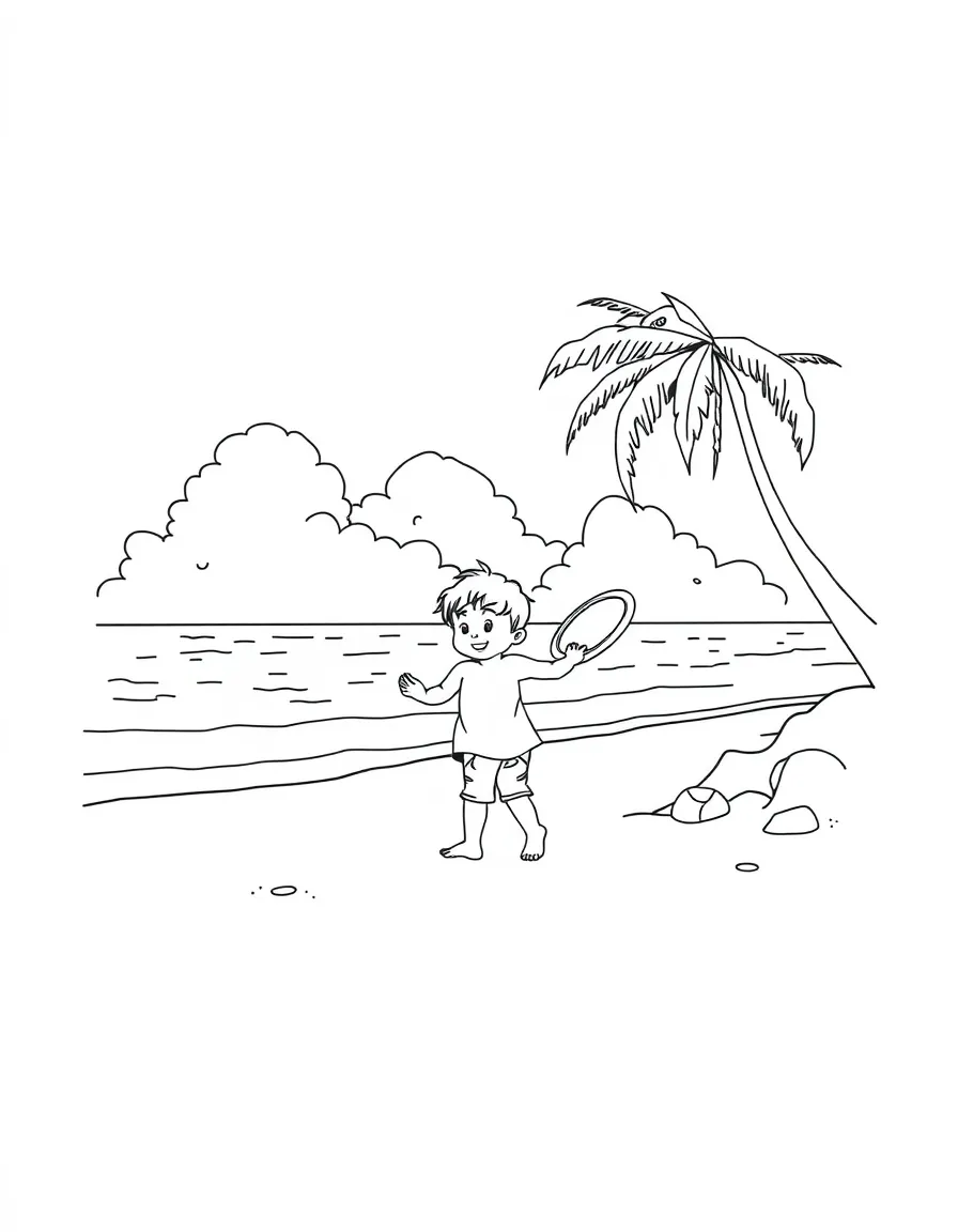 (Hawaii) A child playing with a frisbee on the beach.
