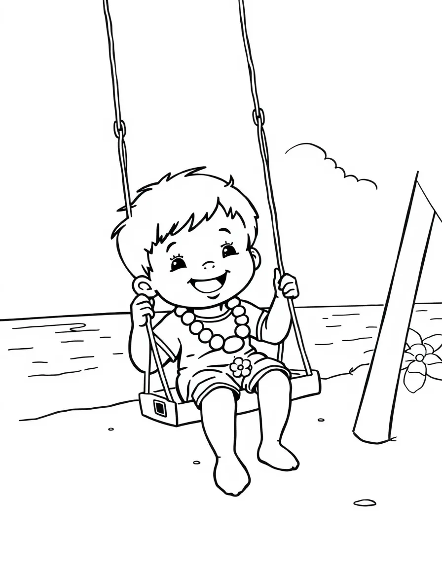 (Hawaii) A happy child on a swing set near the beach.