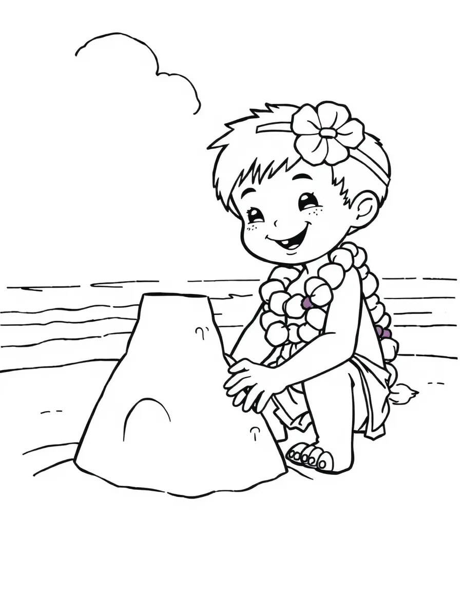 (Hawaii) A happy child building a sandcastle.
