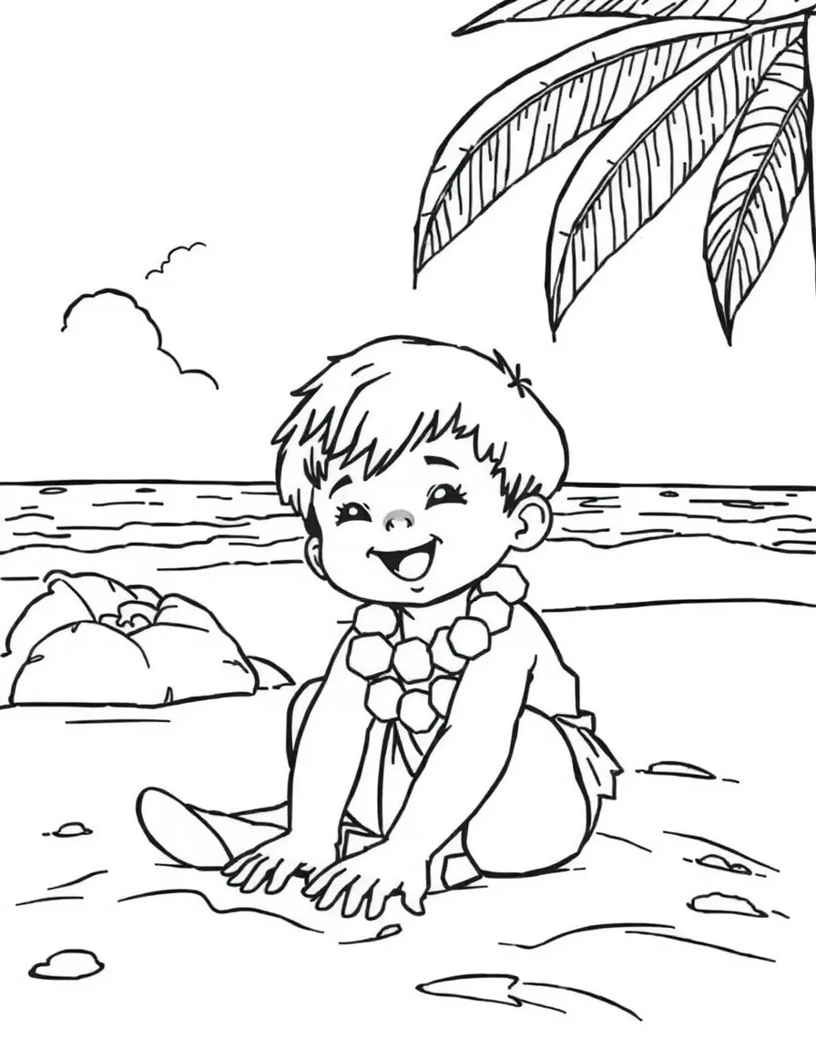 (Hawaii) A happy child playing in the sand.