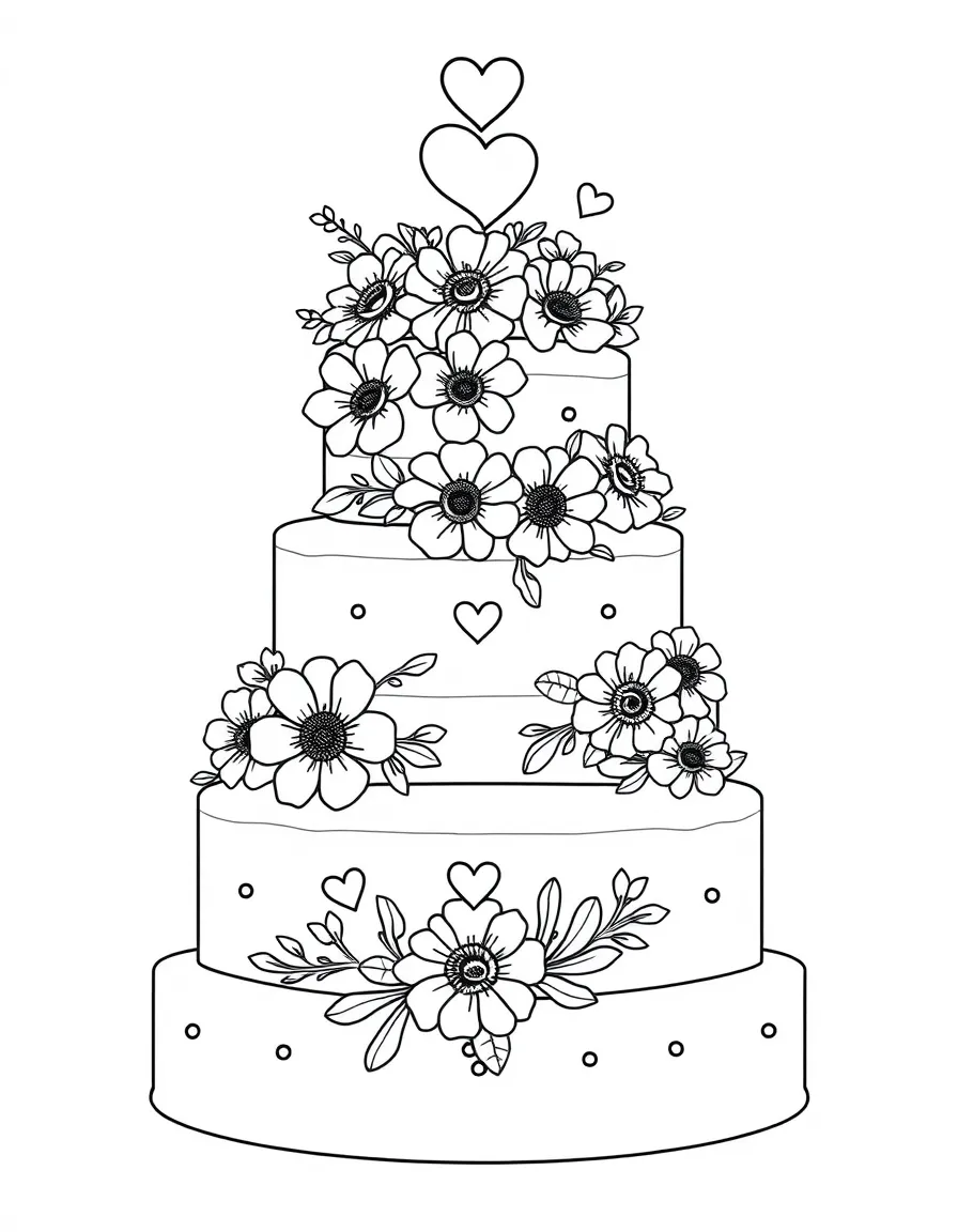 A big wedding cake with flowers and hearts