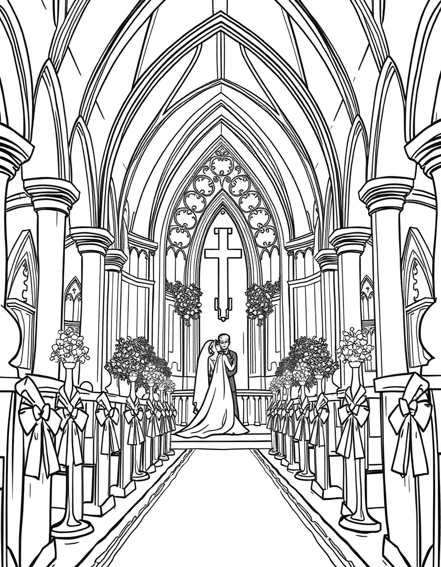 A wedding ceremony in a church with decorations