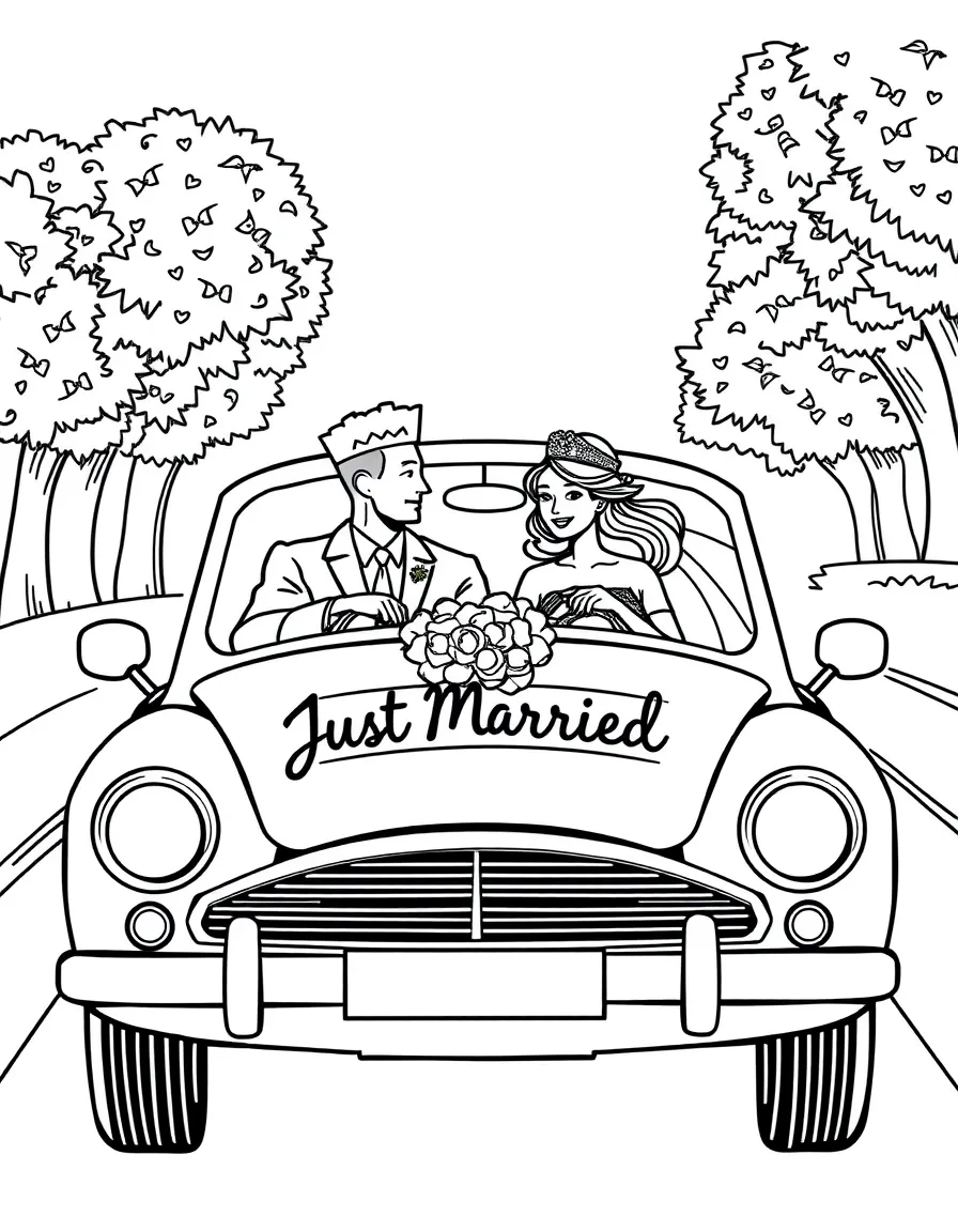 A couple riding in a "Just Married" car