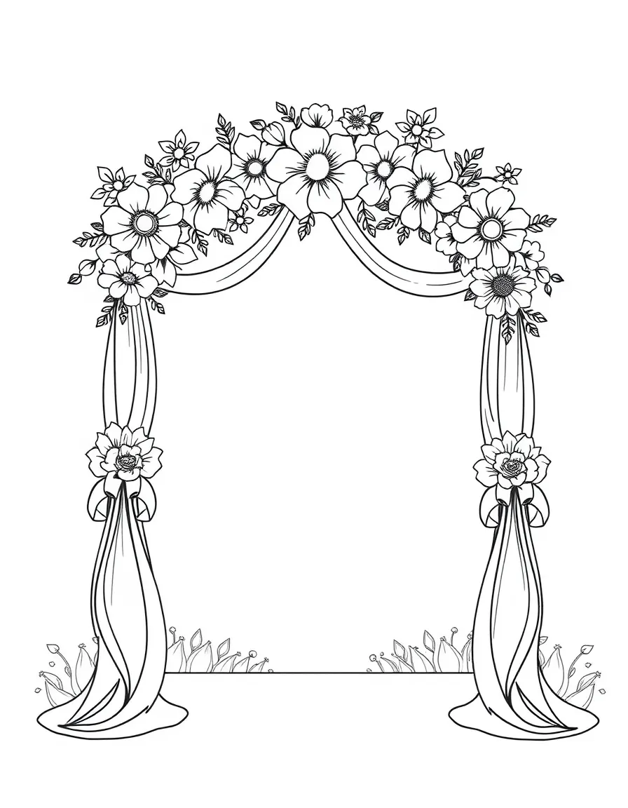 A wedding arch with flowers and ribbons