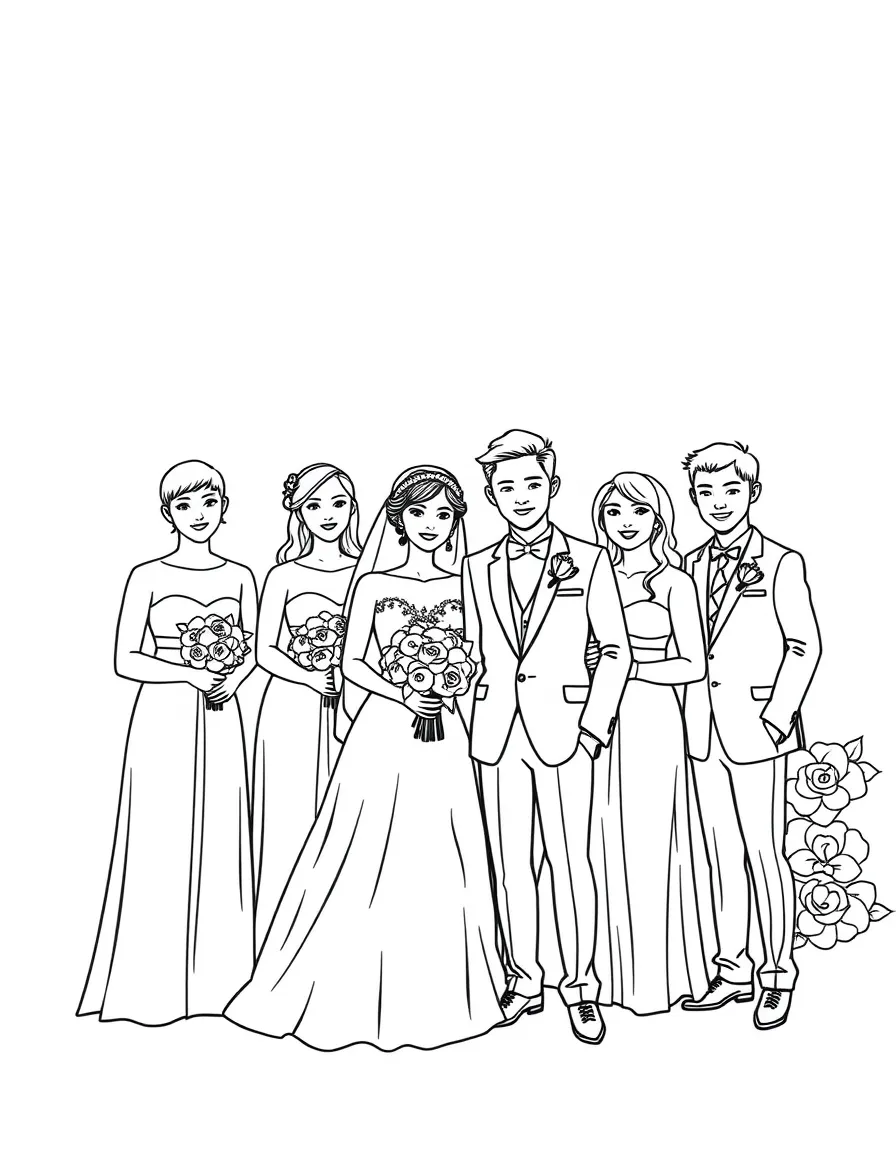 A wedding party with bridesmaids and groomsmen