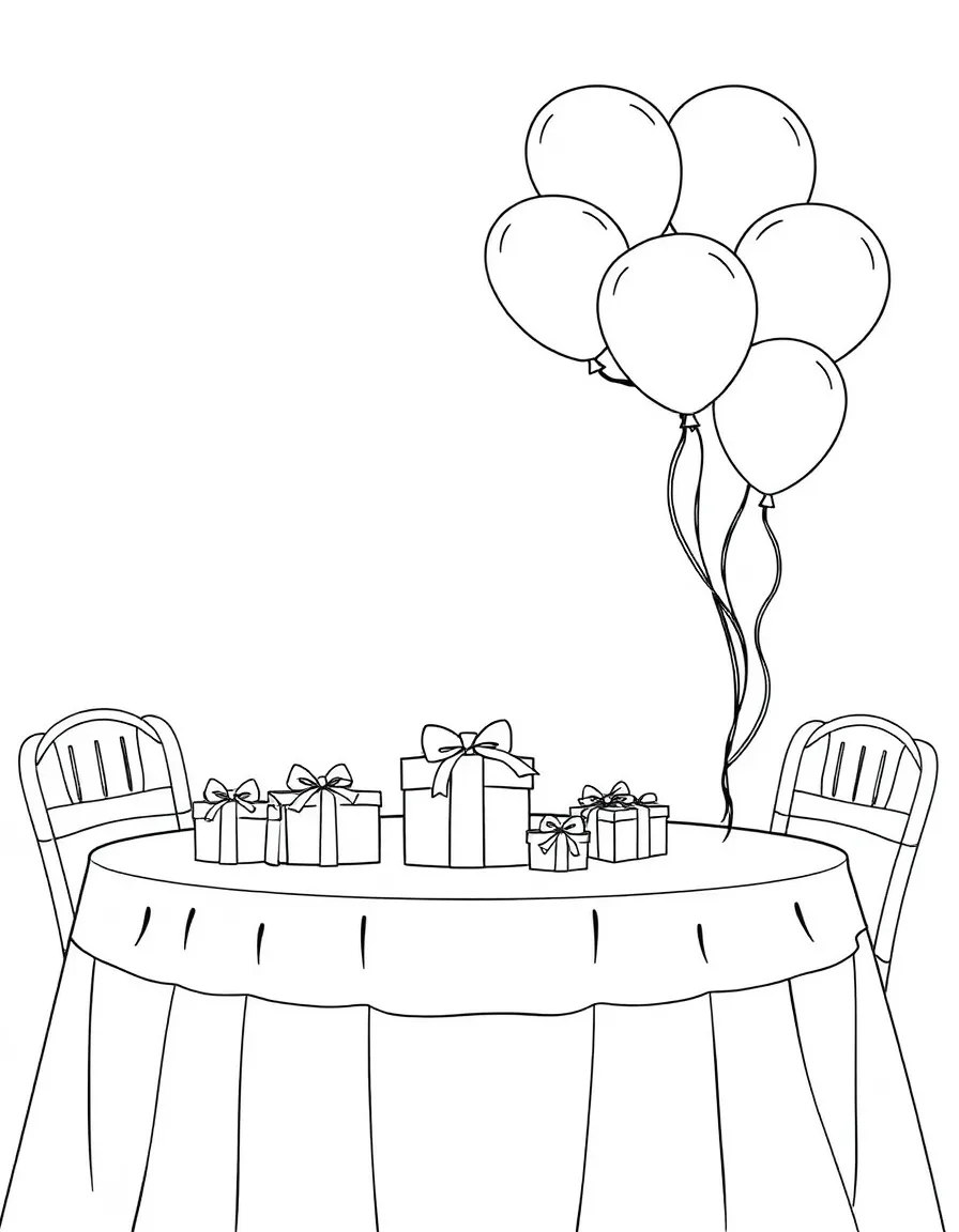 A table with wedding gifts and balloons