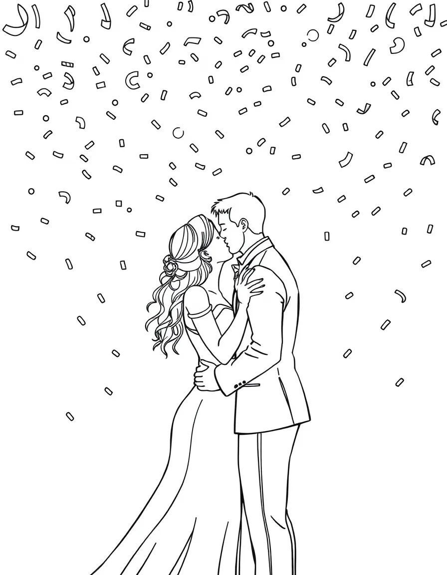 A couple kissing under a shower of confetti