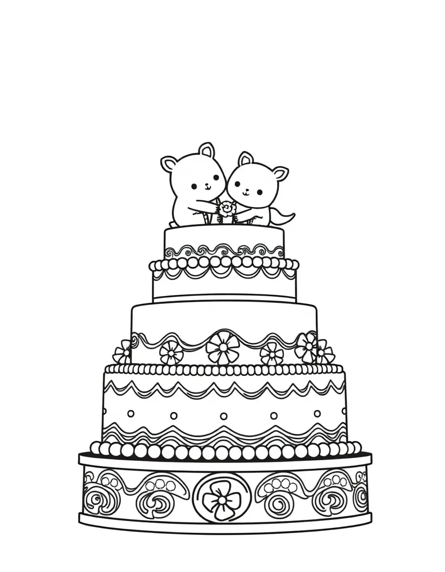 A tiered wedding cake with cute toppers