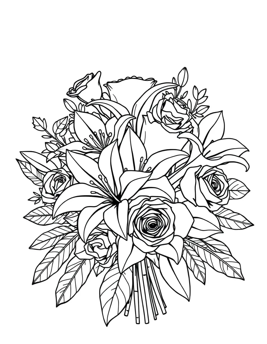 A wedding bouquet with roses and lilies