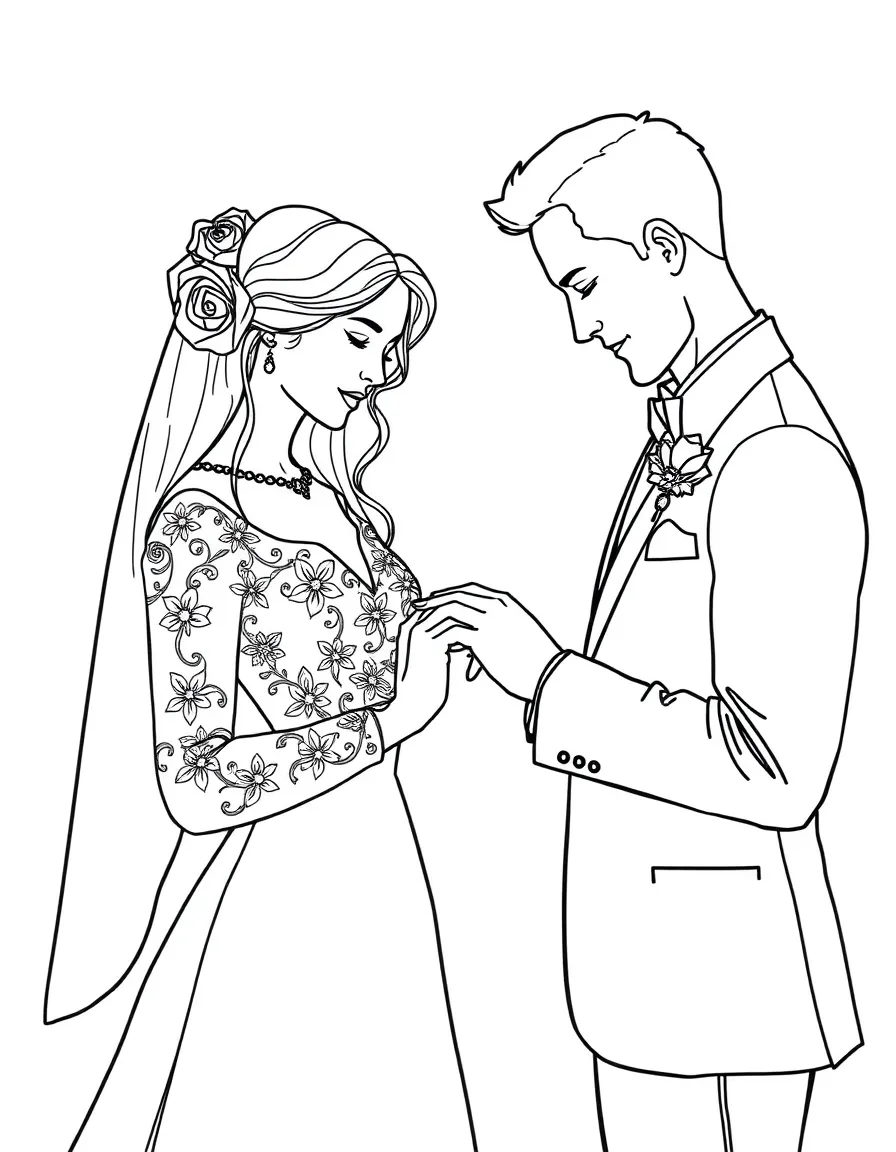 A groom placing a ring on the bride's finger