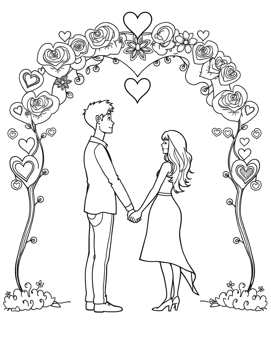 A couple holding hands under a heart-shaped arch