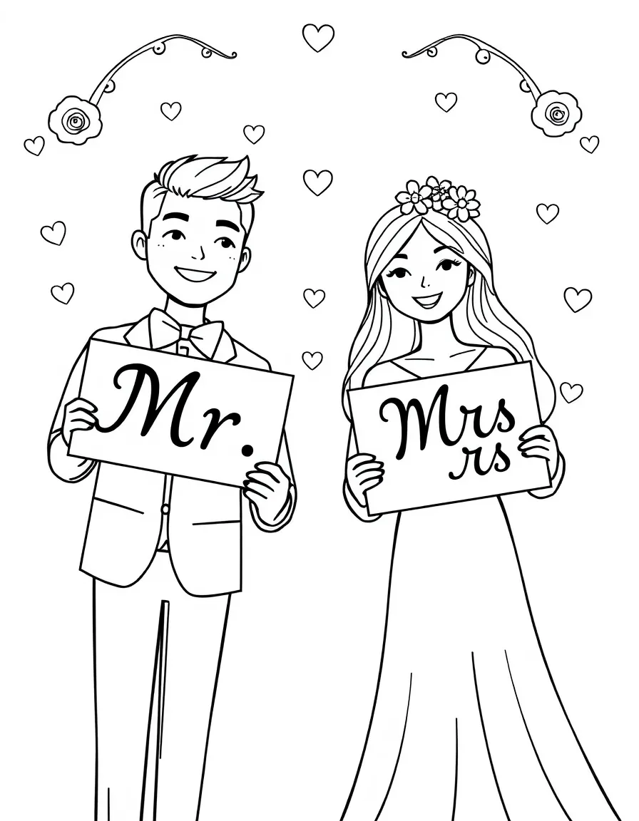 A couple holding "Mr." and "Mrs." signs