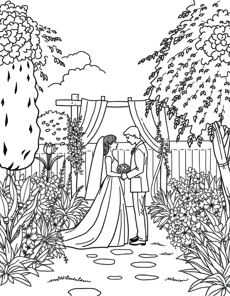 A backyard garden wedding scene