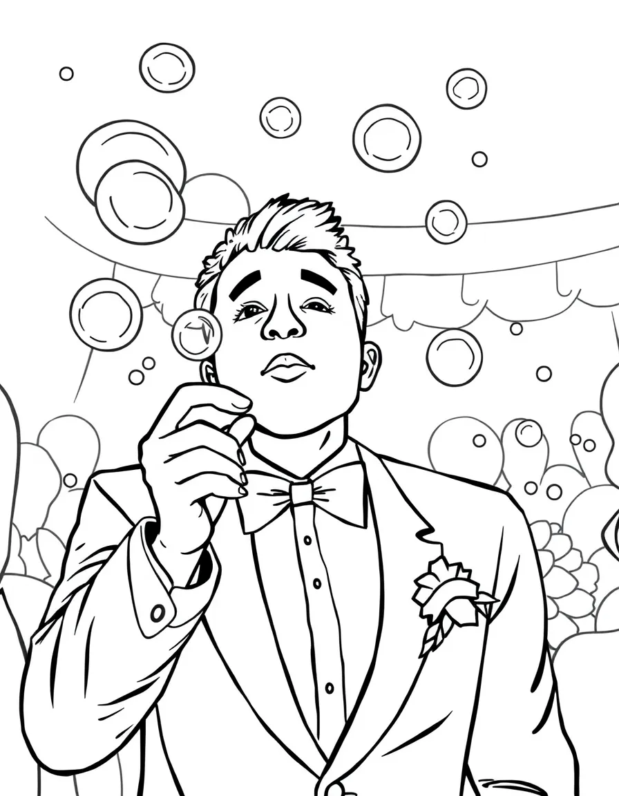 A wedding guest blowing bubbles
