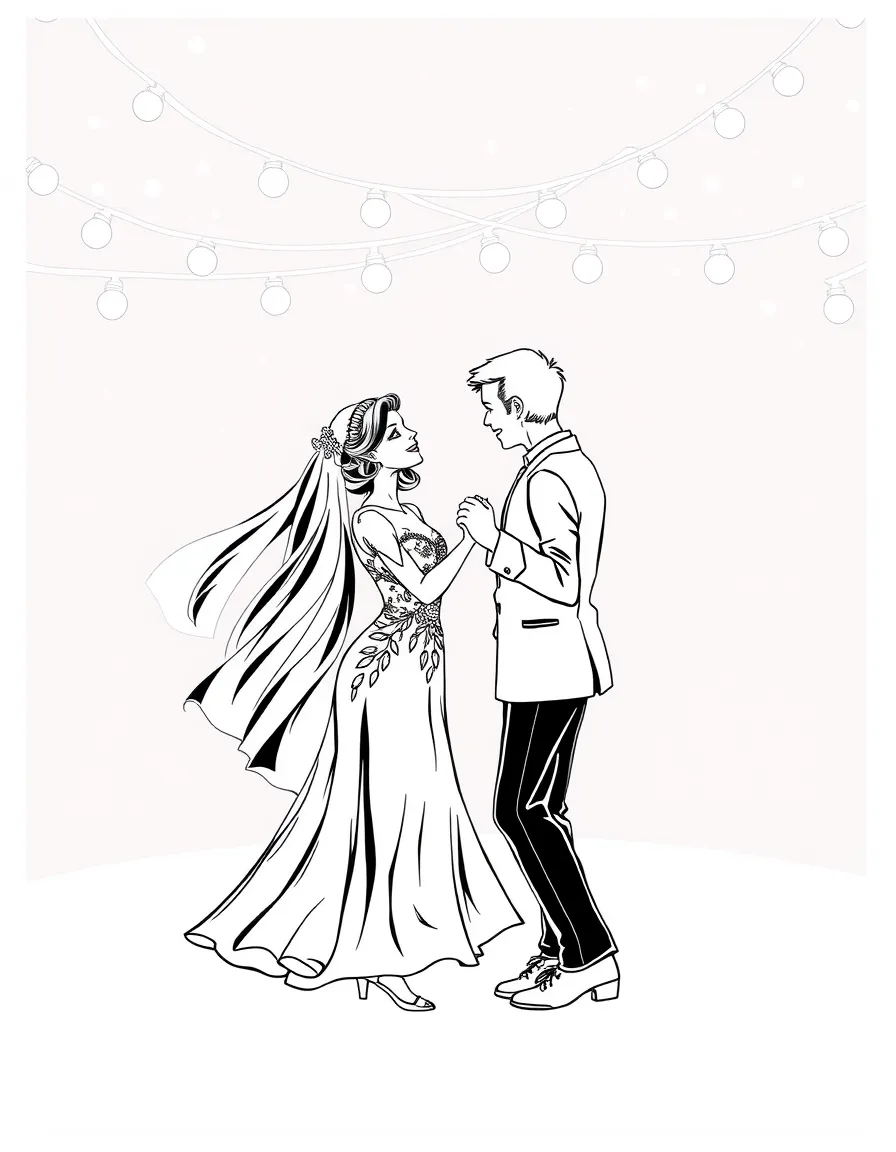 A couple dancing under fairy lights