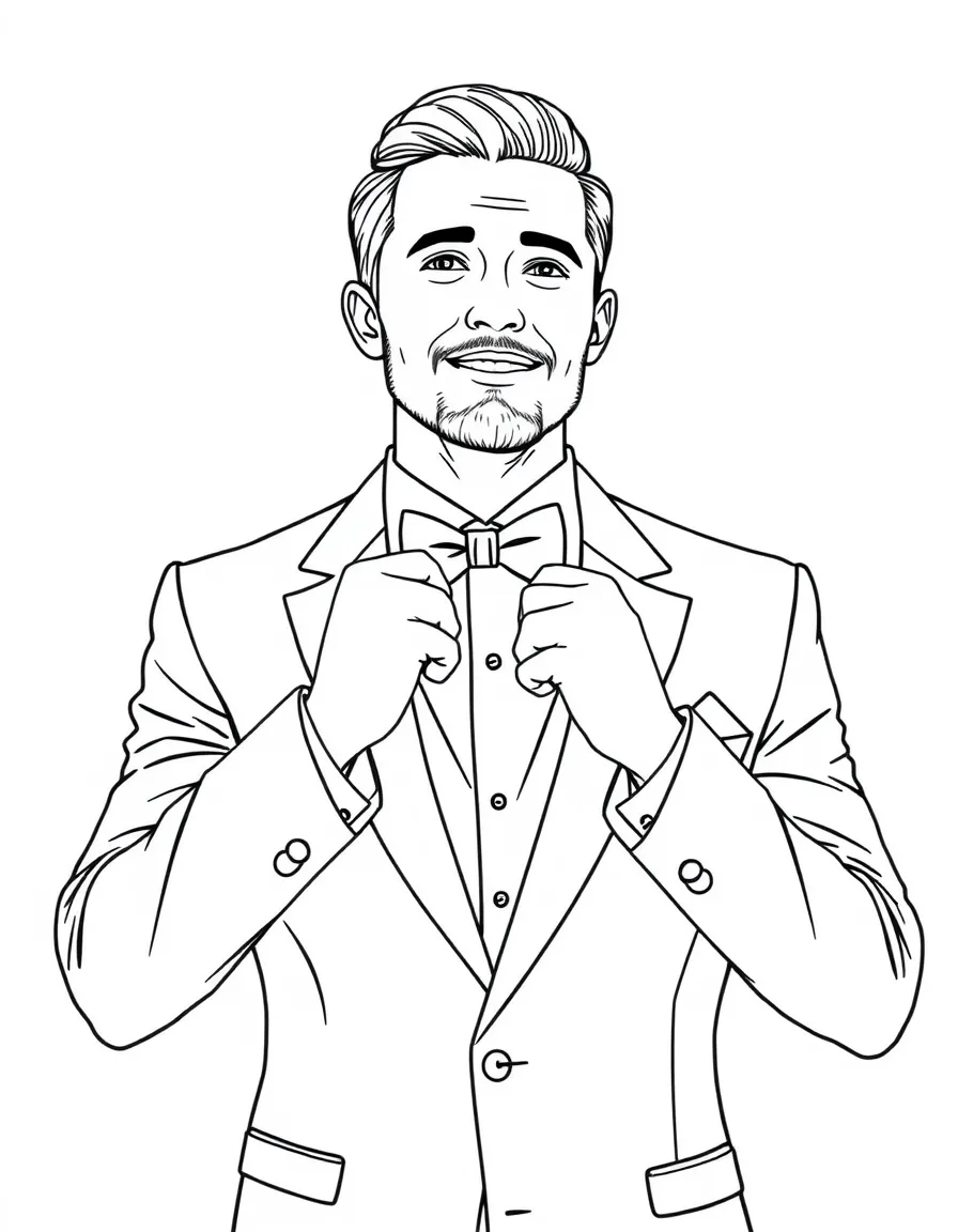 A groom adjusting his bow tie