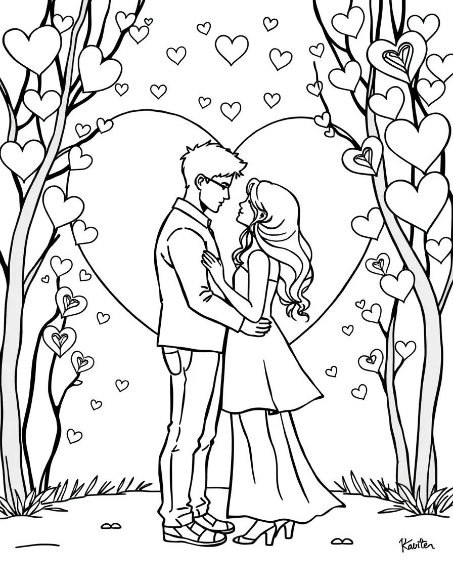 A couple standing in front of a heart backdrop