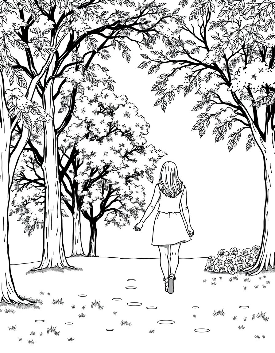 A couple walking hand in hand under trees