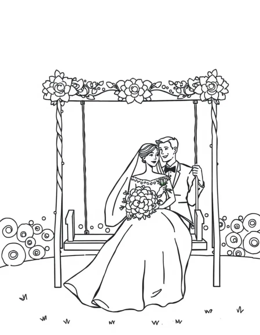 A bride and groom on a swing