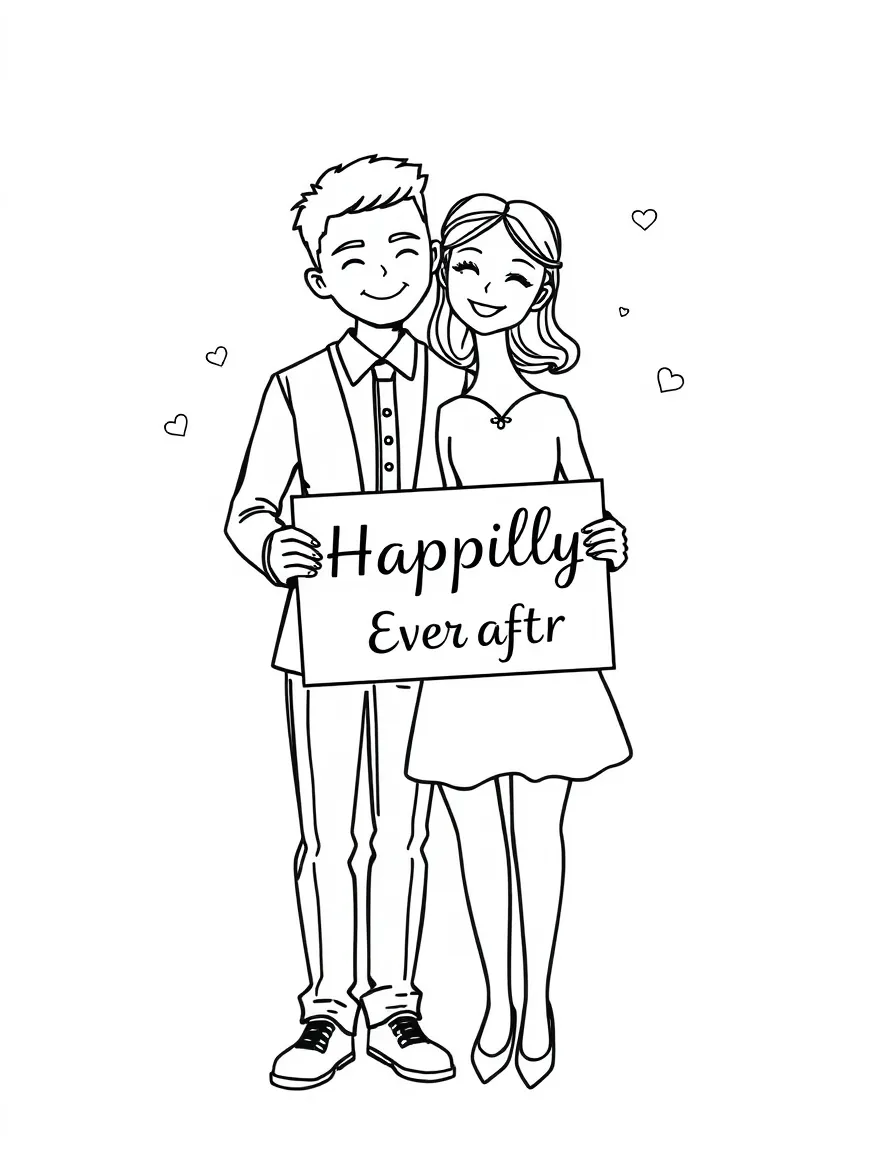 A couple holding a “Happily Ever After” sign