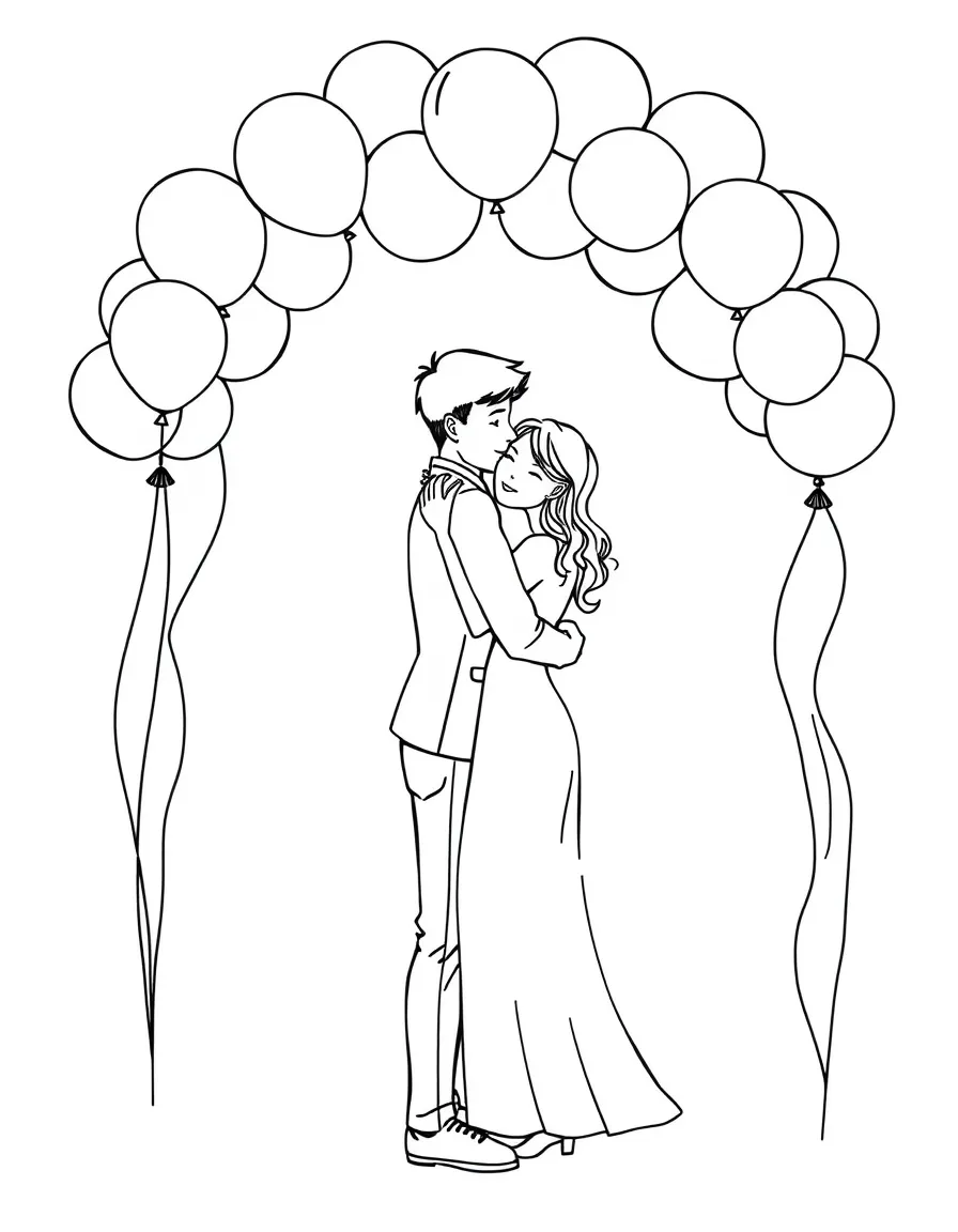 A couple hugging under a balloon arch