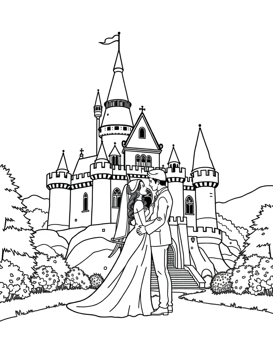 A couple in front of a castle