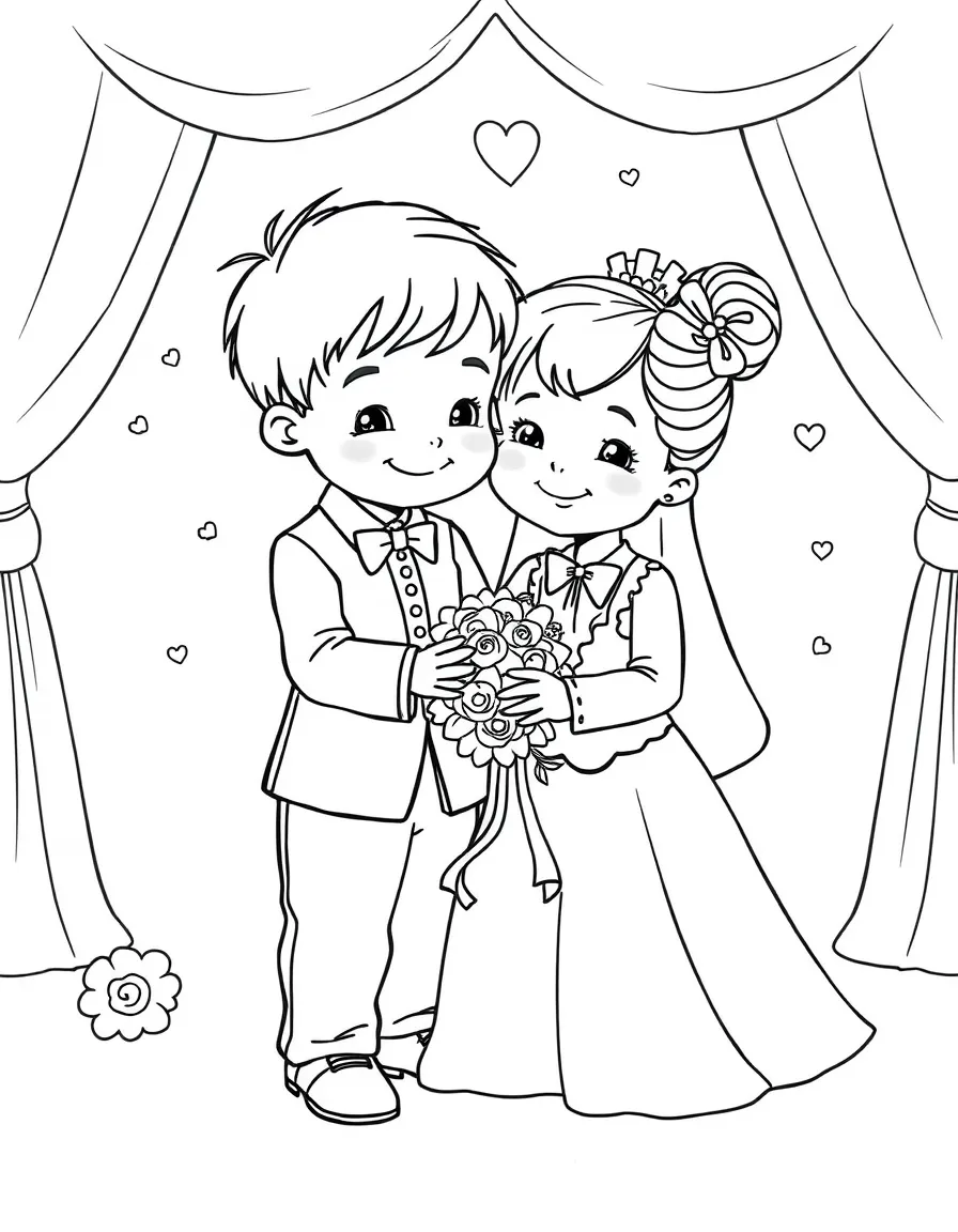 A little boy and girl playing wedding