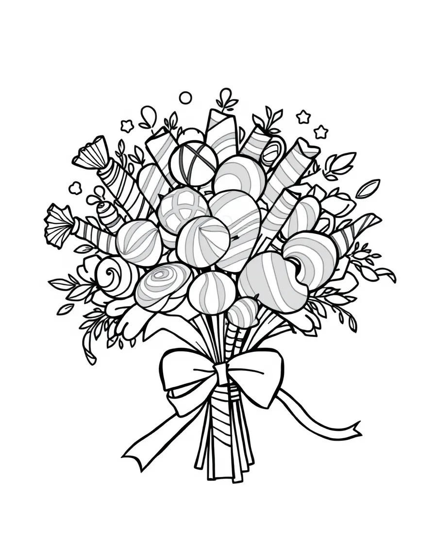 A bouquet made of candy and ribbons