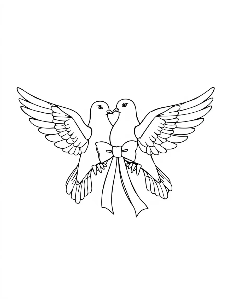 A pair of doves holding a ribbon
