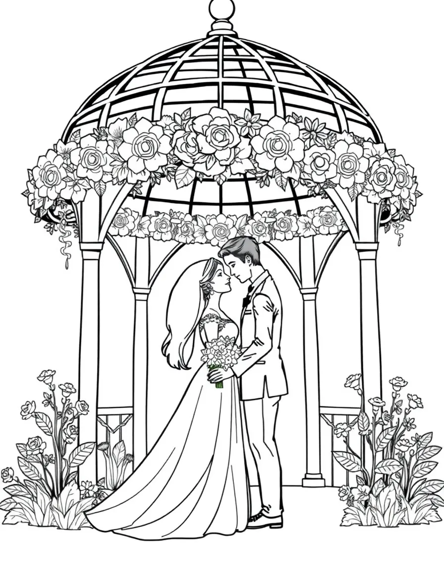 A couple under a floral gazebo