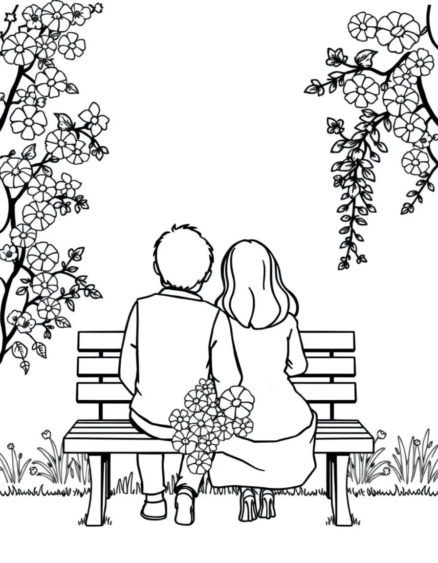 A couple sitting on a bench with flowers