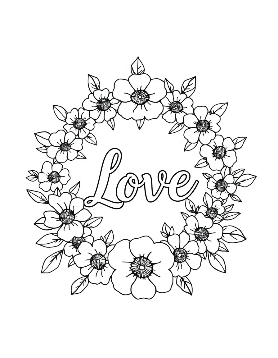 A floral wreath with “Love” in the center
