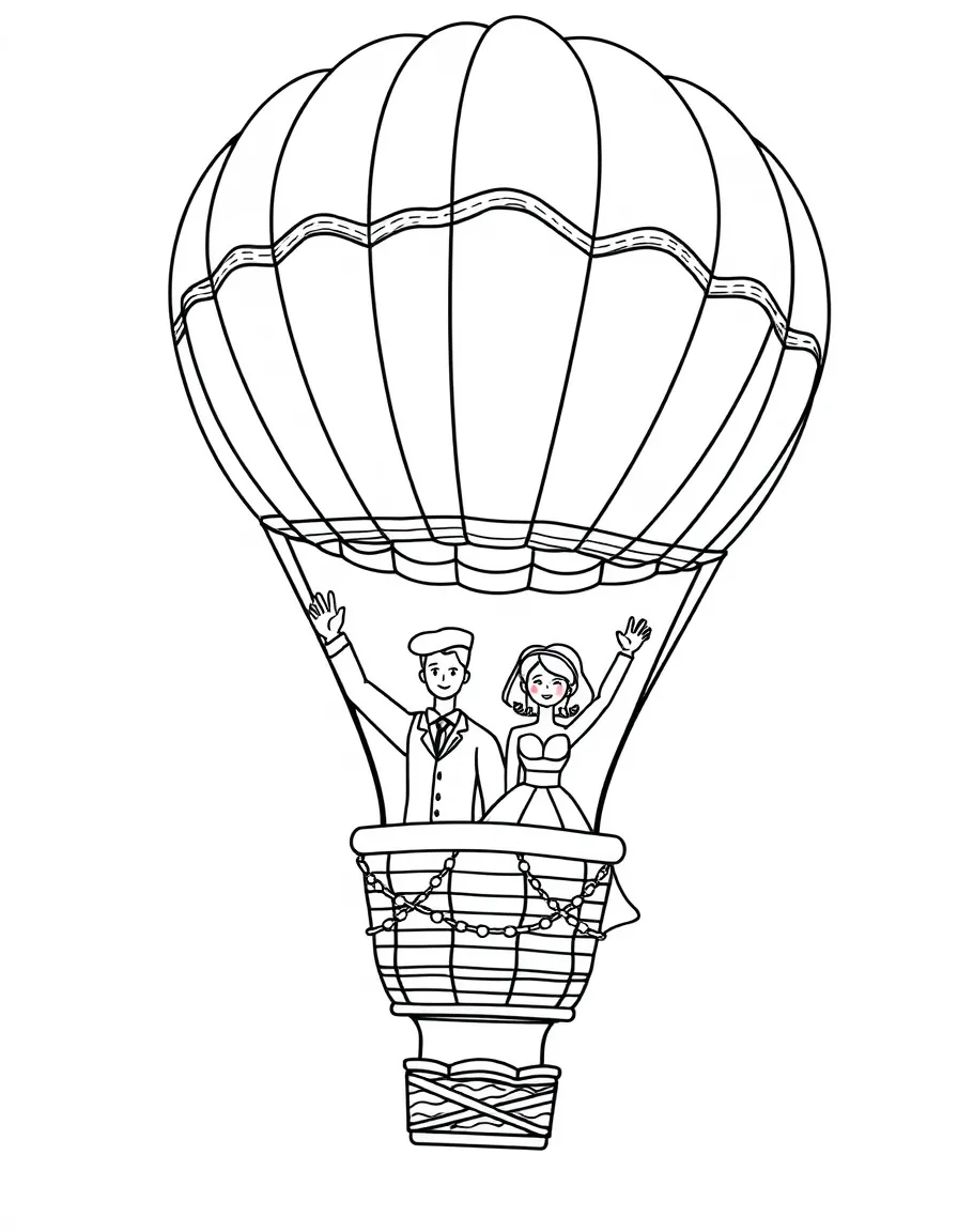 A wedding couple waving goodbye in a hot air balloon