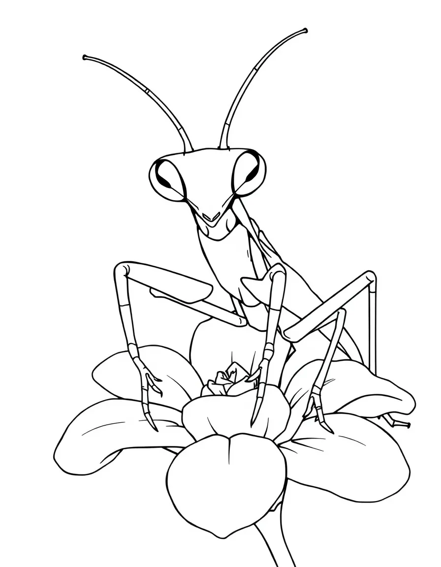 A praying mantis sitting on a flower with large eyes and folded front legs