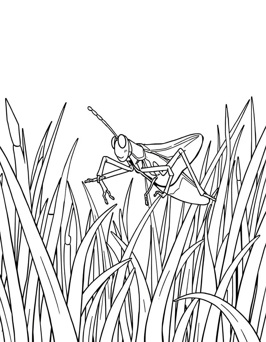 A grasshopper jumping through tall grass with long hind legs