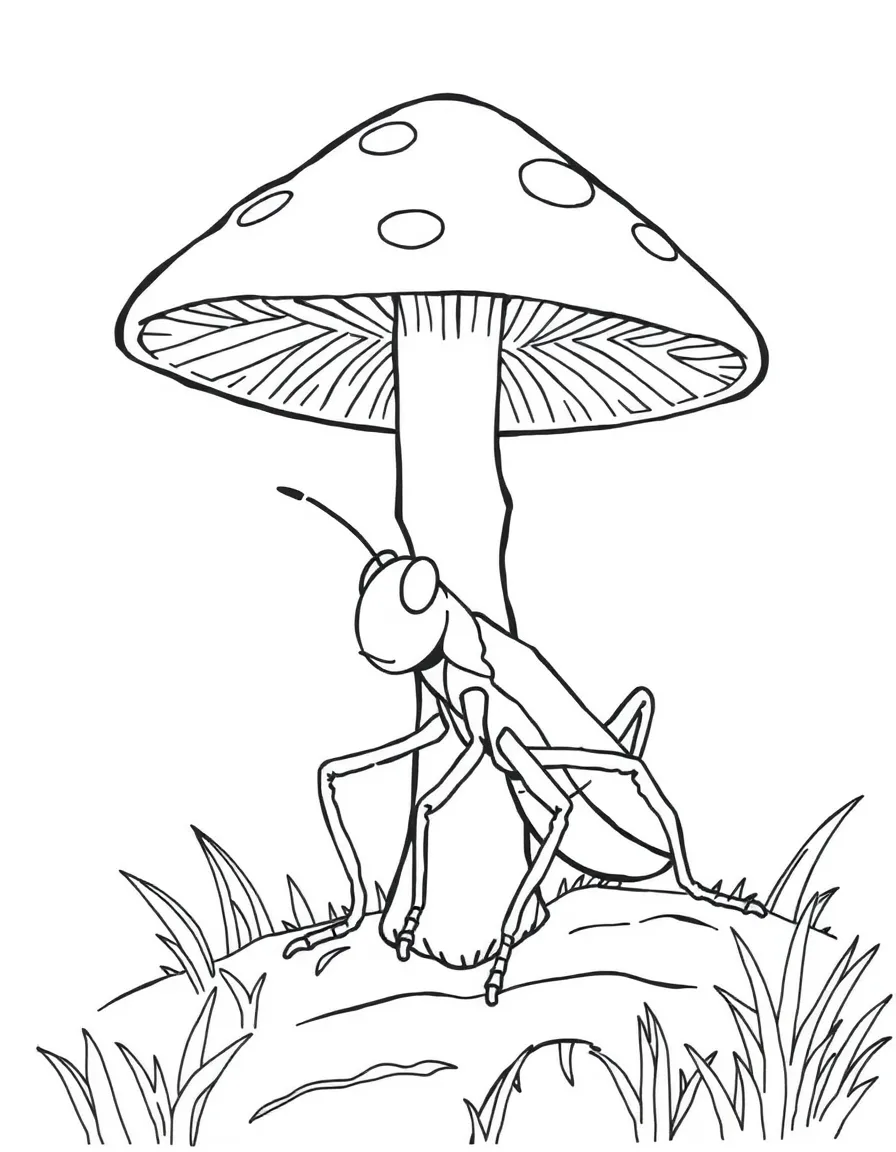A cricket chirping under a mushroom with prominent antennae