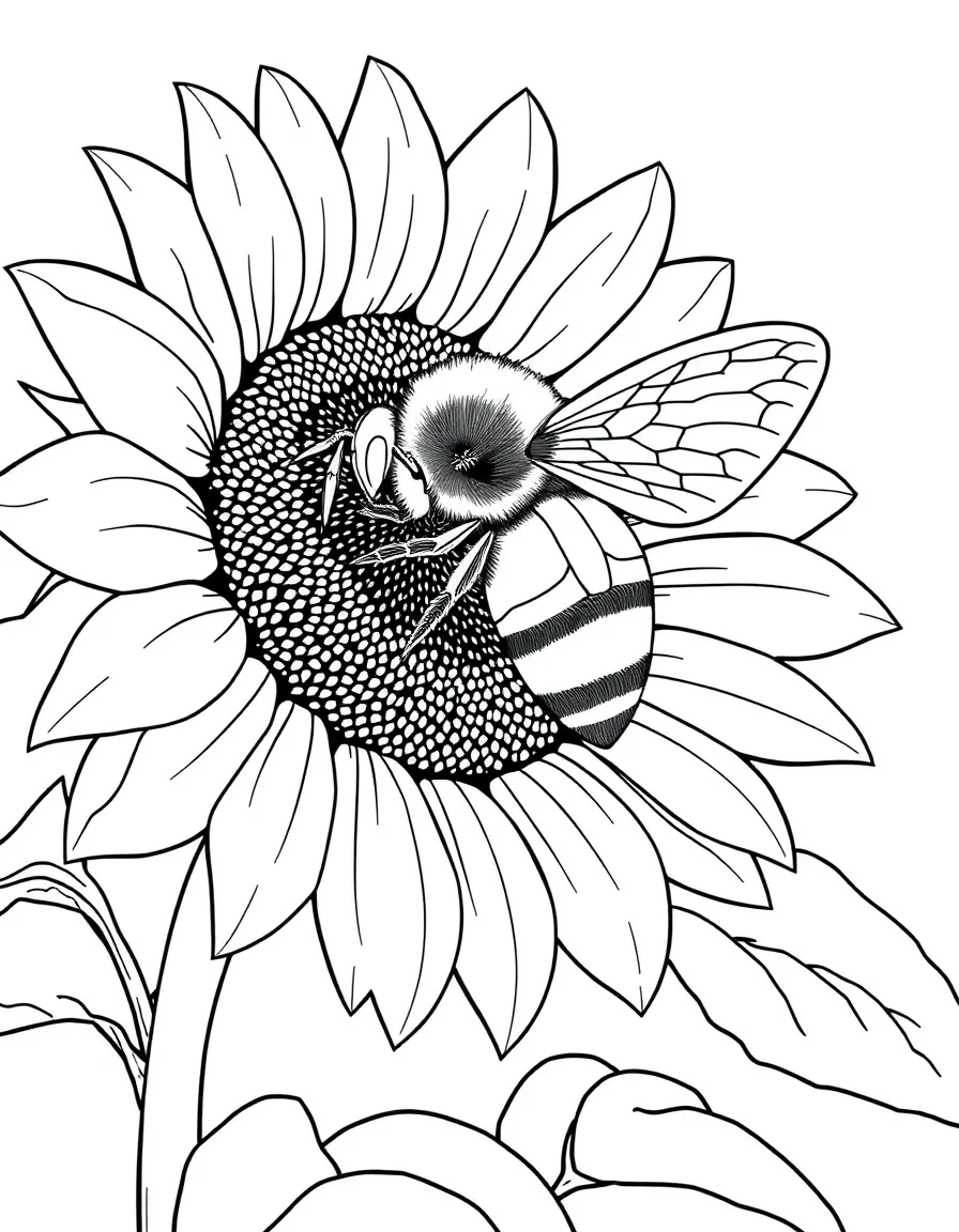 A bee collecting nectar from a sunflower with pollen baskets