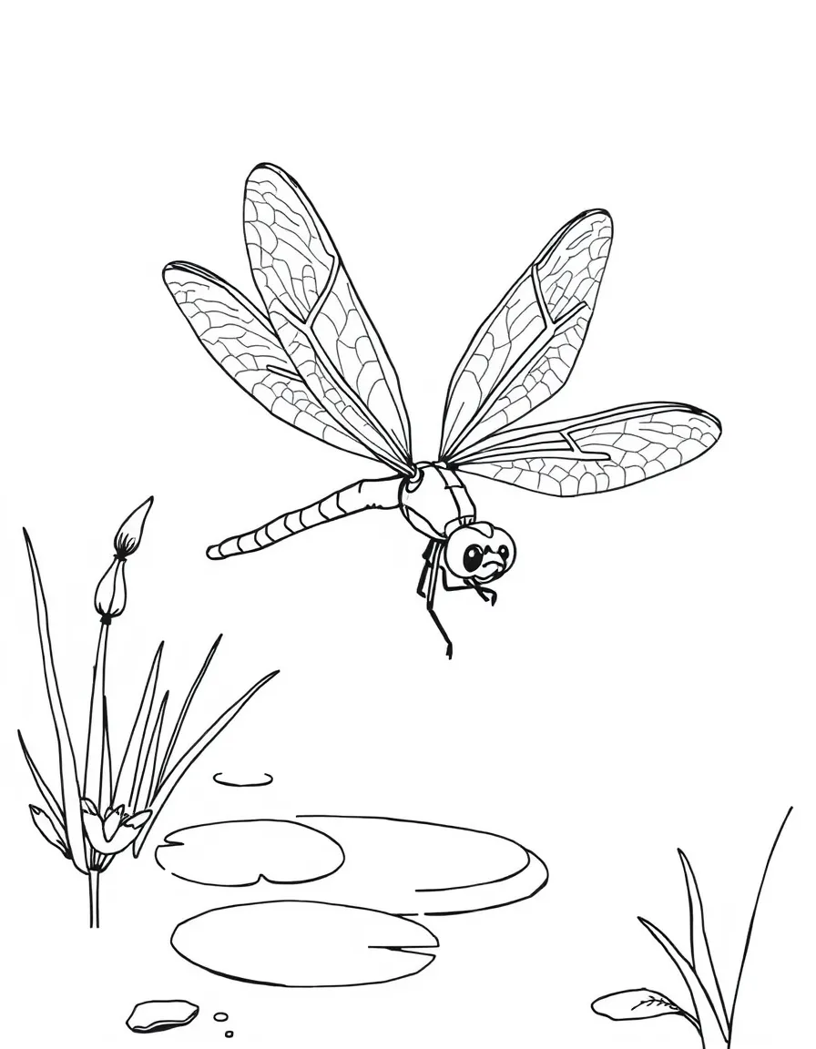 A dragonfly hovering over a pond with transparent wings