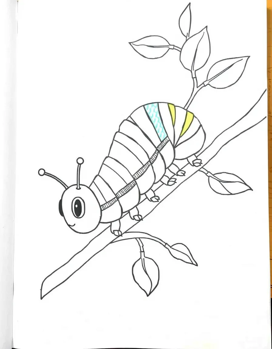 A caterpillar inching along a branch with colorful stripes