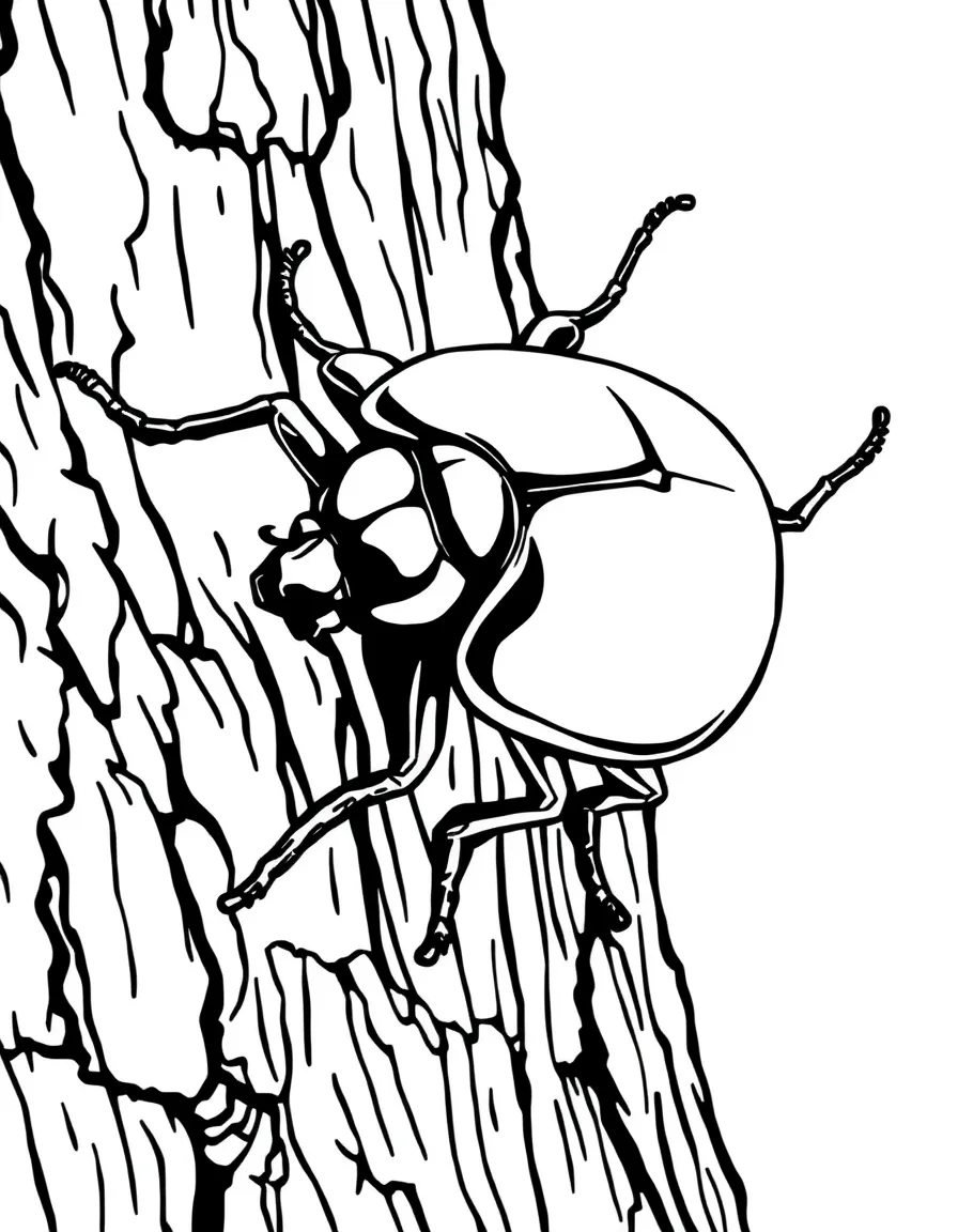 A beetle with a shiny shell walking on tree bark