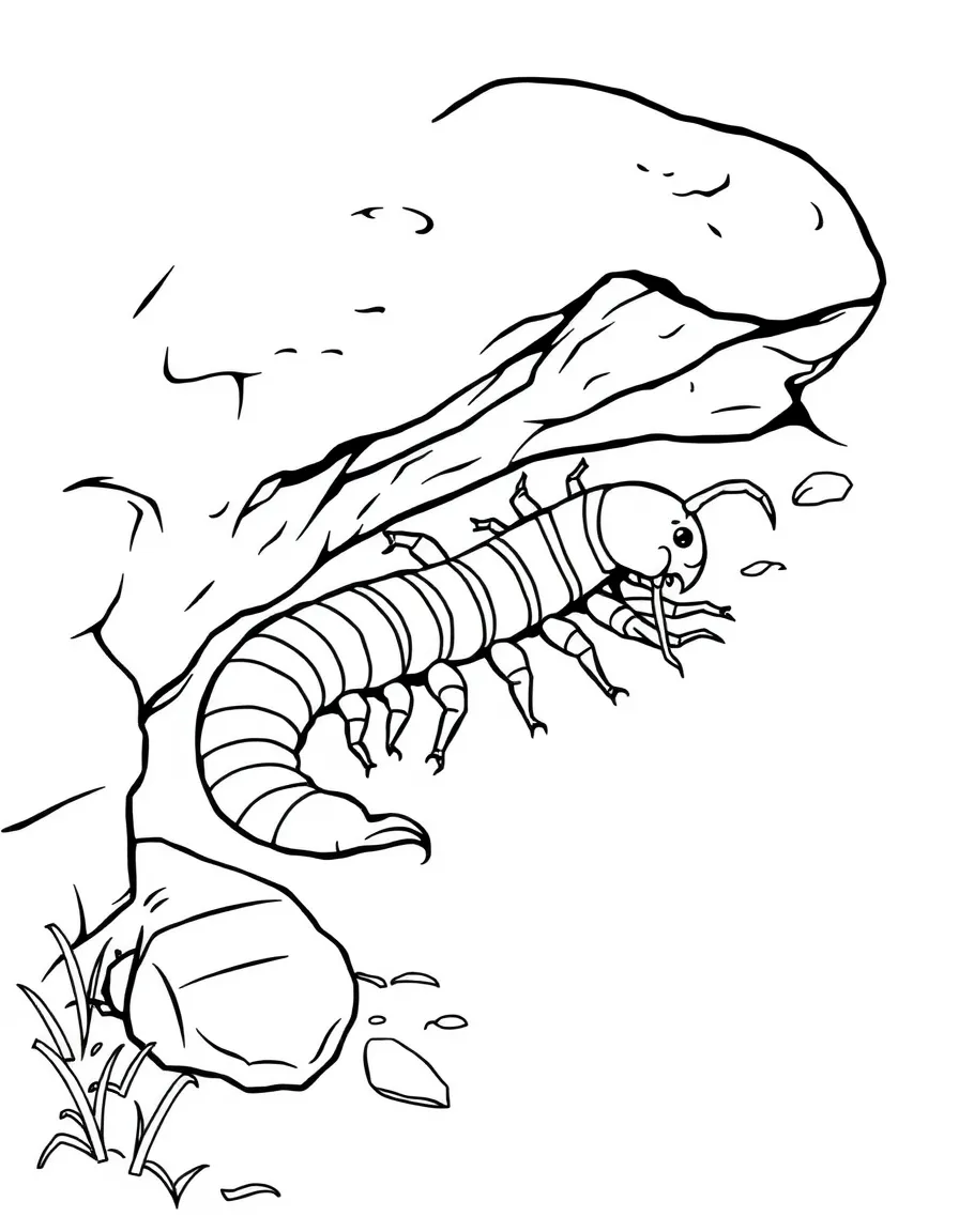 A centipede with many legs crawling under a rock